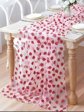 4 Strawberry Print Sparkly Tulle Table Runner
